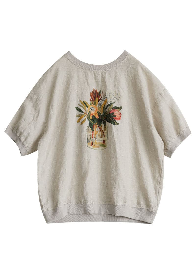 White Print Linen Sweatshirts Top O-Neck Oversized Short Sleeve GK-STP220804