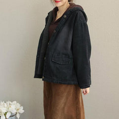 Winter Black Hoodie Short Casual Denim Coat Women Loose Jacket CTS181127