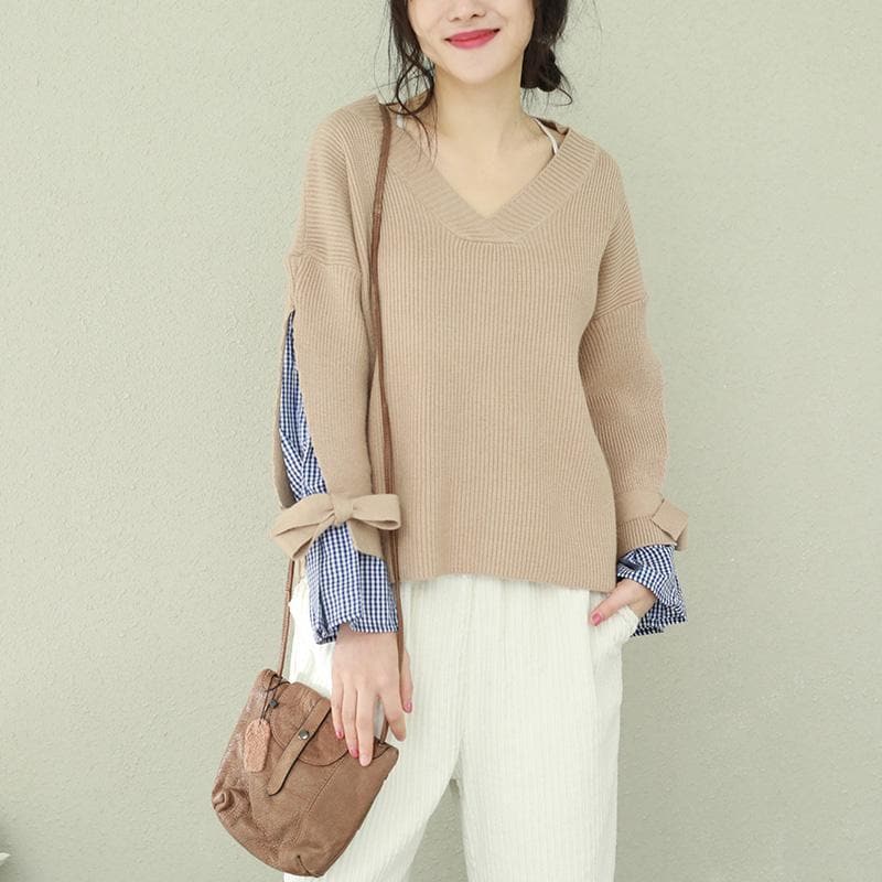 Winter brown knit tops plus size v neck knit sweat tops false two pieces NTP190129