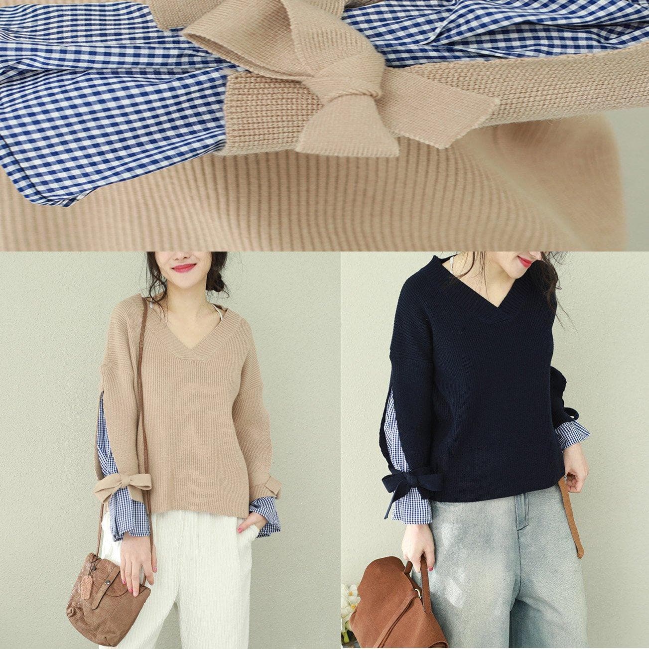 Winter brown knit tops plus size v neck knit sweat tops false two pieces NTP190129