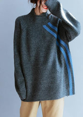 Winter gray striped knit blouse high neck Loose fitting fall knitwear NTP201026