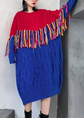 Winter o neck tassel Sweater weather Women blue patchwork red Mujer knitwear AT-NSD191113