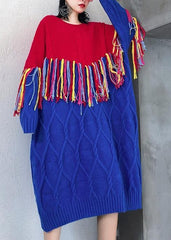 Winter o neck tassel Sweater weather Women blue patchwork red Mujer knitwear AT-NSD191113