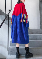 Winter o neck tassel Sweater weather Women blue patchwork red Mujer knitwear AT-NSD191113