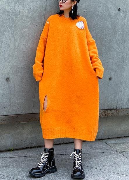 Winter orange Sweater knit dress Street Style o neck Hole Largo sweater dress AT-NSD201014