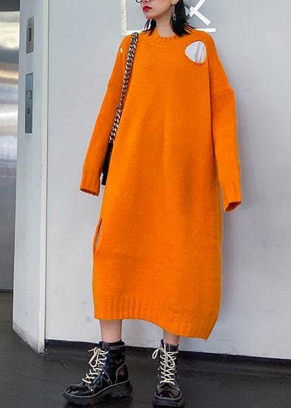 Winter orange Sweater knit dress Street Style o neck Hole Largo sweater dress AT-NSD201014