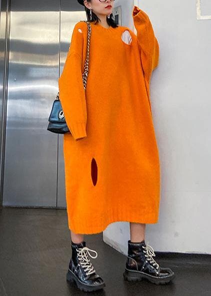 Winter orange Sweater knit dress Street Style o neck Hole Largo sweater dress AT-NSD201014