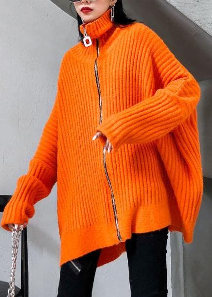 Winter orange knit tops trendy plus size high neck zippered knit blouse AT-NCT191101