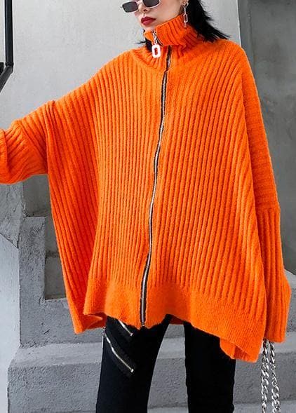 Winter orange knit tops trendy plus size high neck zippered knit blouse AT-NCT191101