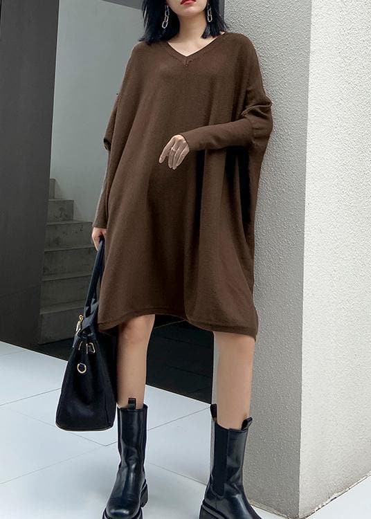 Winter v neck Batwing Sleeve Sweater weather Women chocolate Largo knitted dress AT-FDL201105