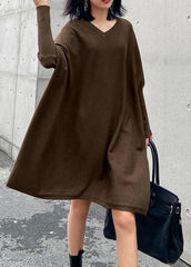 Winter v neck Batwing Sleeve Sweater weather Women chocolate Largo knitted dress AT-FDL201105