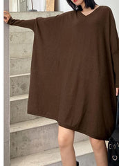 Winter v neck Batwing Sleeve Sweater weather Women chocolate Largo knitted dress AT-FDL201105