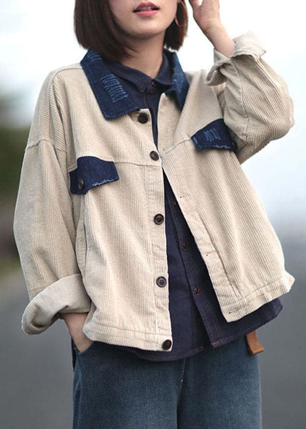 Women Apricot Peter Pan Collar Button Pockets Patchwork Corduroy Coats Long Sleeve GK-CTS220804