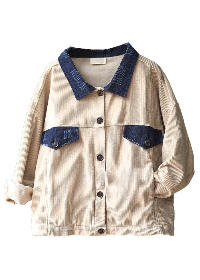 Women Apricot Peter Pan Collar Button Pockets Patchwork Corduroy Coats Long Sleeve GK-CTS220804