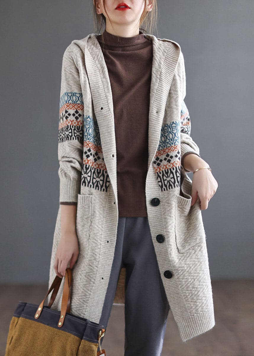 Women Beige Button Knitted Hooded Coats Cardigans Spring GK-NCT220301