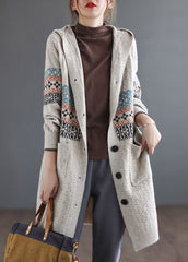 Women Beige Button Knitted Hooded Coats Cardigans Spring GK-NCT220301