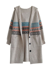 Women Beige Button Knitted Hooded Coats Cardigans Spring GK-NCT220301