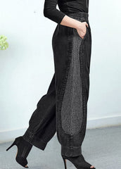 Women Black Elastic Waist Pockets Patchwork Cotton Pants Trousers Fall GK-LPTS220830