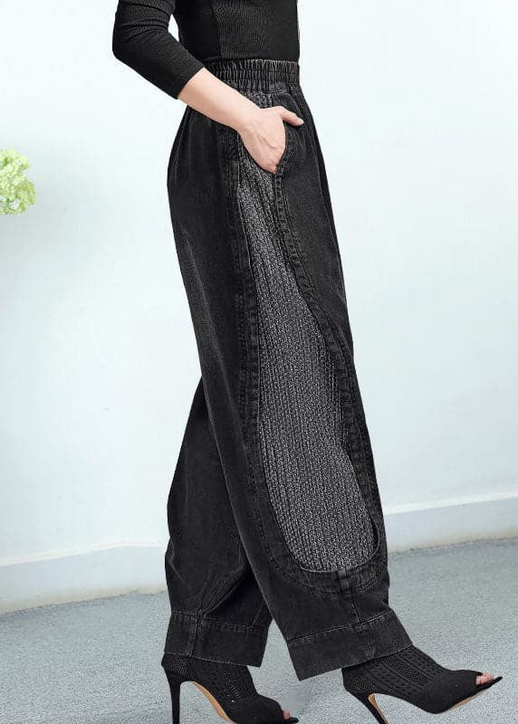 Women Black Elastic Waist Pockets Patchwork Cotton Pants Trousers Fall GK-LPTS220830