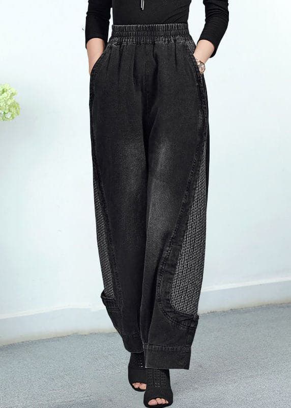 Women Black Elastic Waist Pockets Patchwork Cotton Pants Trousers Fall GK-LPTS220830