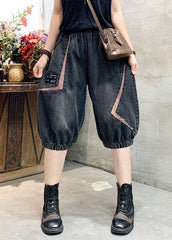 Women Black Grey Elastic Waist Asymmetrical Applique Cotton Denim Crop Pants Summer nz-CPTS220524