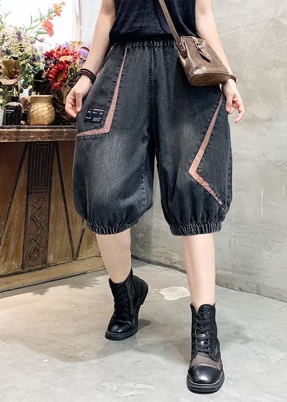 Women Black Grey Elastic Waist Asymmetrical Applique Cotton Denim Crop Pants Summer nz-CPTS220524