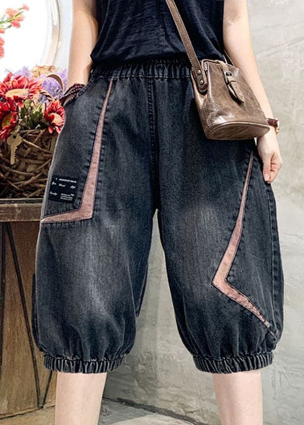 Women Black Grey Elastic Waist Asymmetrical Applique Cotton Denim Crop Pants Summer nz-CPTS220524