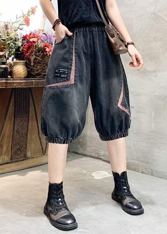 Women Black Grey Elastic Waist Asymmetrical Applique Cotton Denim Crop Pants Summer nz-CPTS220524