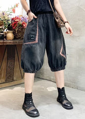 Women Black Grey Elastic Waist Asymmetrical Applique Cotton Denim Crop Pants Summer nz-CPTS220524