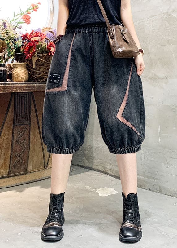 Women Black Grey Elastic Waist Asymmetrical Applique Cotton Denim Crop Pants Summer nz-CPTS220524