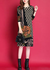 Women Black O-Neck Print Woolen Knitwear Dress Fall GK-NSD220830