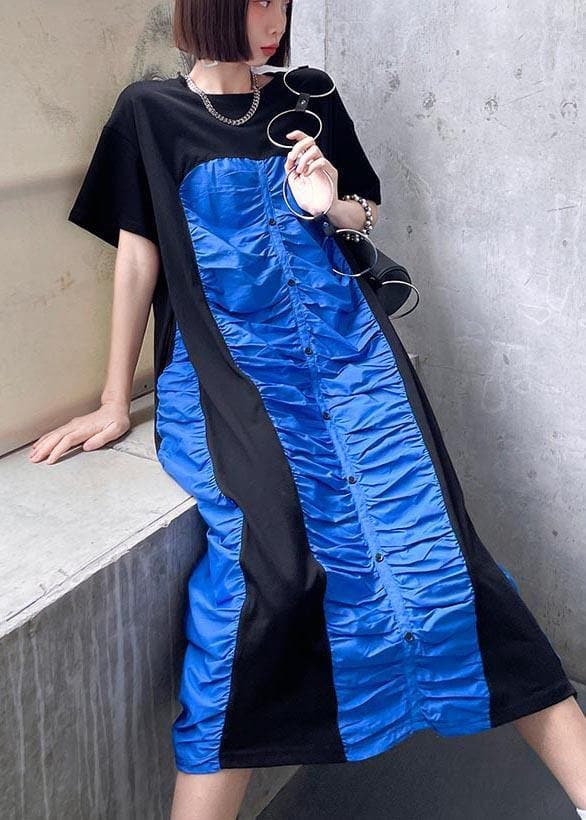 Women Black Patchwork Blue O-Neck Long Summer Cotton Dress AT-SDL210417