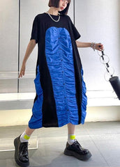 Women Black Patchwork Blue O-Neck Long Summer Cotton Dress AT-SDL210417