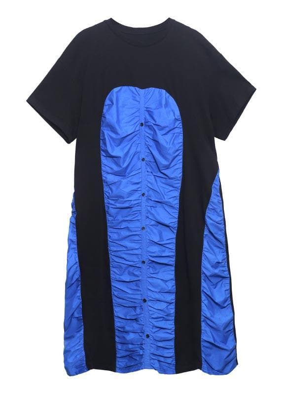 Women Black Patchwork Blue O-Neck Long Summer Cotton Dress AT-SDL210417