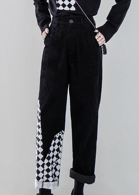 Women Black Patchwork High Waist Warm Fleece Corduroy Straight Pants Fall AH-LPTS220706