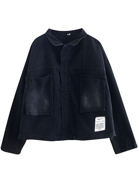 Women Black Pockets zippered drawstring Fall Denim Long sleeve Coat YYHC-CTS210930