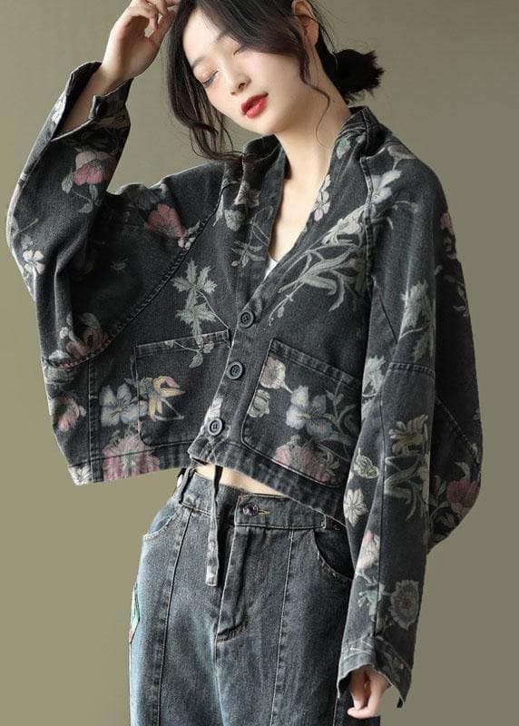 Women Black Print Batwing Sleeve Denim tops GK-LTP210708