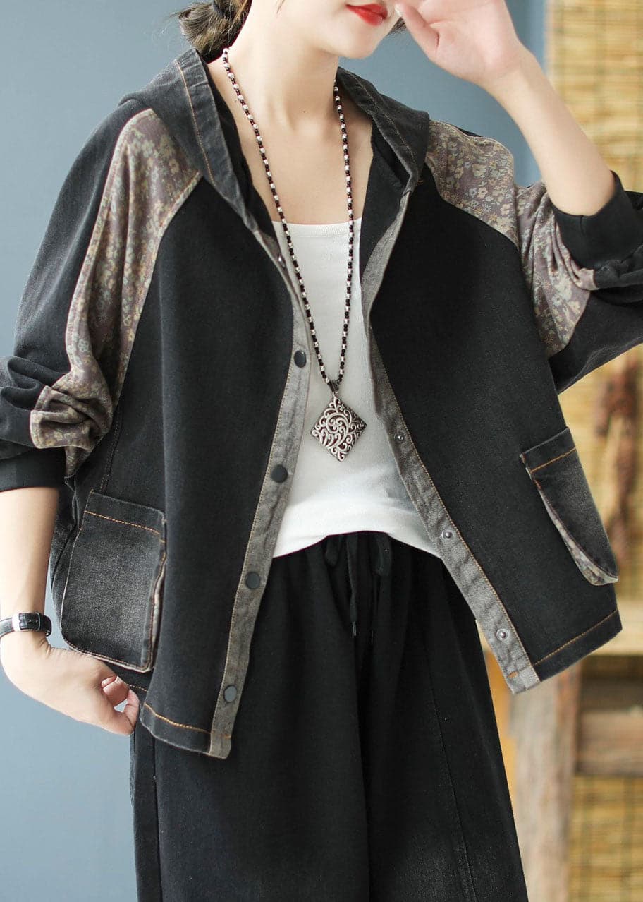 Women Black Print Patchwork Loose Fall Denim Hoodie Coat BSJK-CTS211013