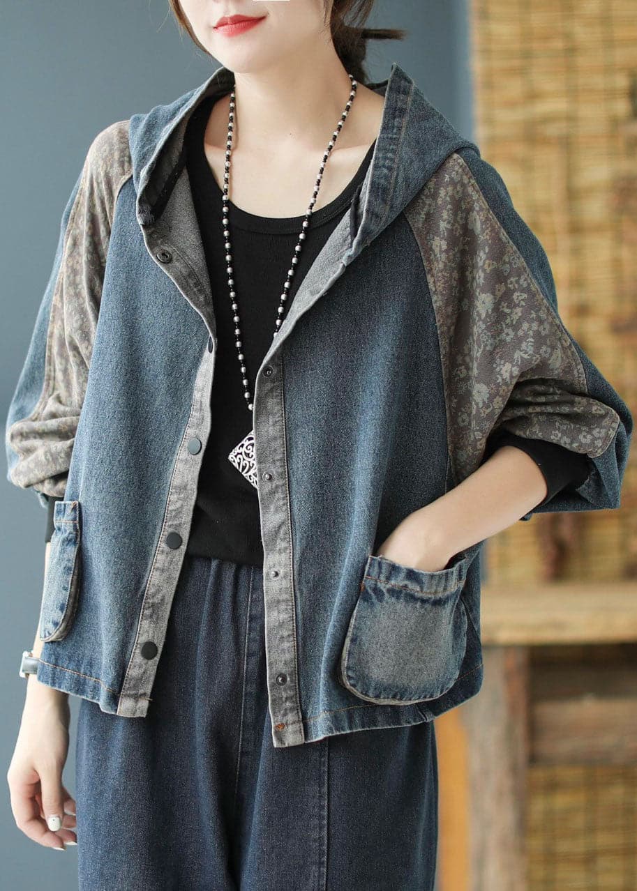 Women Black Print Patchwork Loose Fall Denim Hoodie Coat BSJK-CTS211013