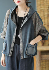 Women Black Print Patchwork Loose Fall Denim Hoodie Coat BSJK-CTS211013