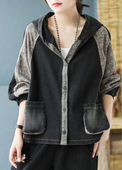 Women Black Print Patchwork Loose Fall Denim Hoodie Coat BSJK-CTS211013