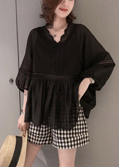 Women Black V Neck Hollow Out Patchwork Lace Shirt Three Quarter Sleeve GK-LTP220419