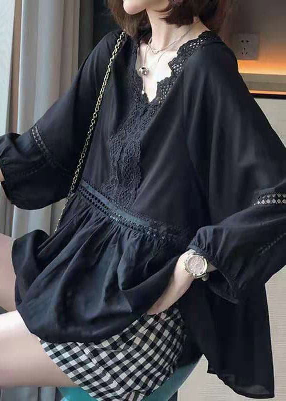 Women Black V Neck Hollow Out Patchwork Lace Shirt Three Quarter Sleeve GK-LTP220419