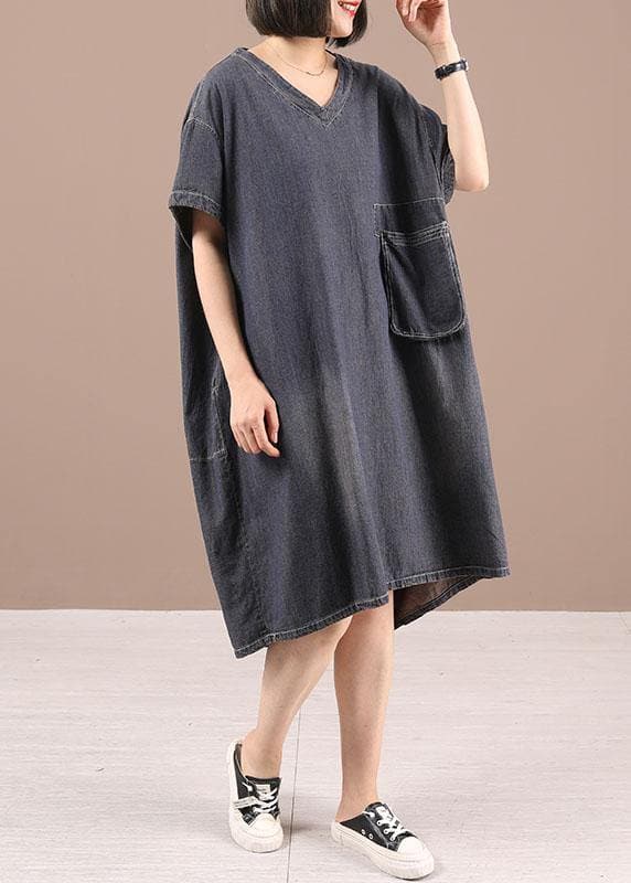 Women Black V Neck Pockets Denim Summer Maxi Dresses 210722