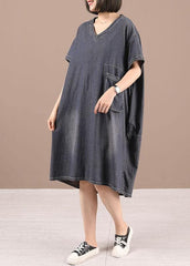 Women Black V Neck Pockets Denim Summer Maxi Dresses 210722