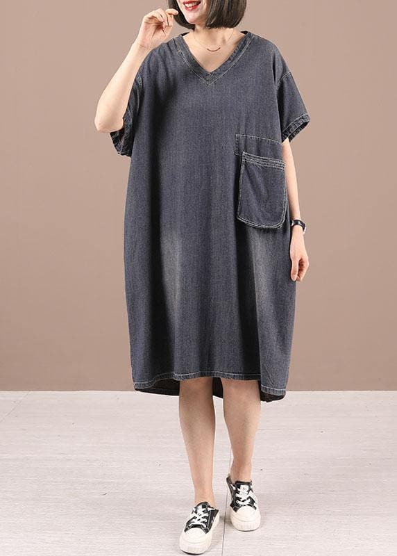 Women Black V Neck Pockets Denim Summer Maxi Dresses 210722