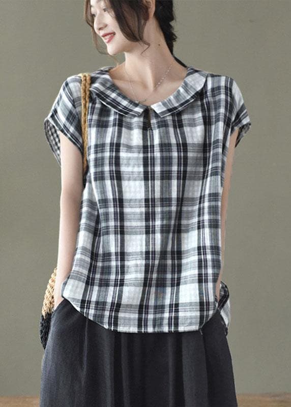 Women Black White Plaid Peter Pan Collar Cotton Shirts Summer GK-STP210715