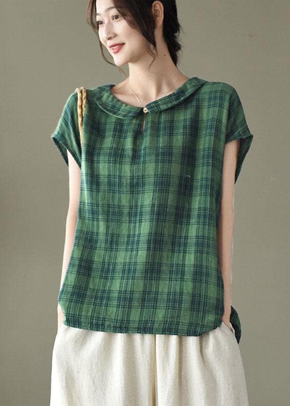 Women Black White Plaid Peter Pan Collar Cotton Shirts Summer GK-STP210715