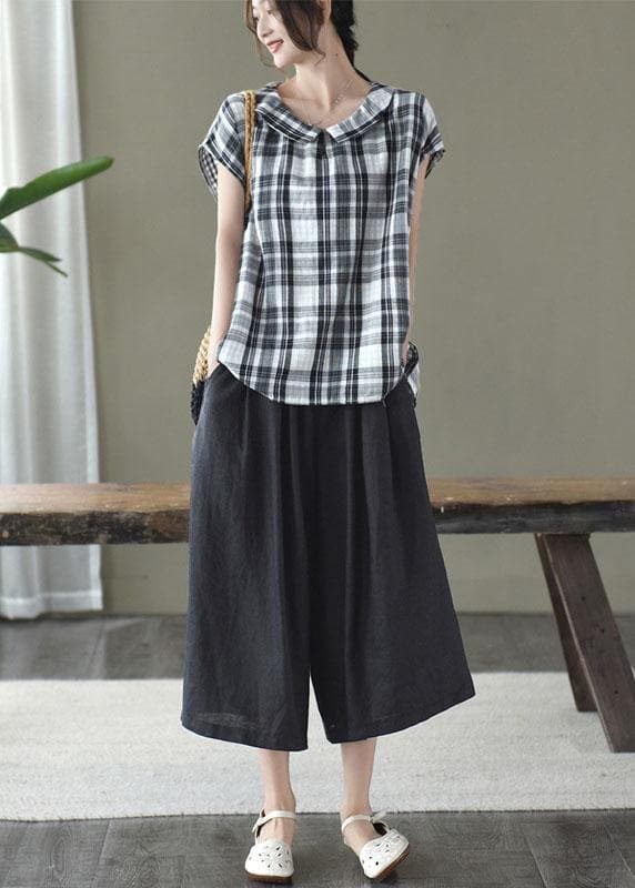 Women Black White Plaid Peter Pan Collar Cotton Shirts Summer GK-STP210715