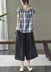 Women Black White Plaid Peter Pan Collar Cotton Shirts Summer GK-STP210715